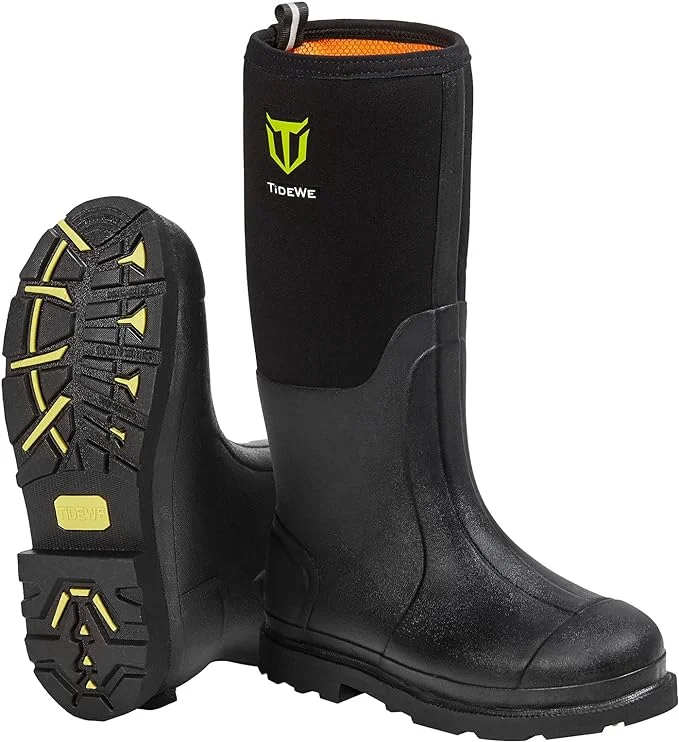 TIDEWE-Rubber-Work-Boot-for-Men-with-Steel-Shank-Waterproof-Anti-Slip-Hunting-Boot-Warm-6mm-Neoprene-Hunting-Mud-Boot-Durable-Black-Rubber-Boot-for-Farming-Gardening-Fishing-Size-5-14